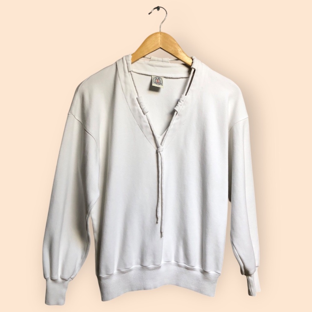 Vintage 70s J.G. Hook White Cotton Nautical Sweatshirt Tie Neck Detail Women S/M
